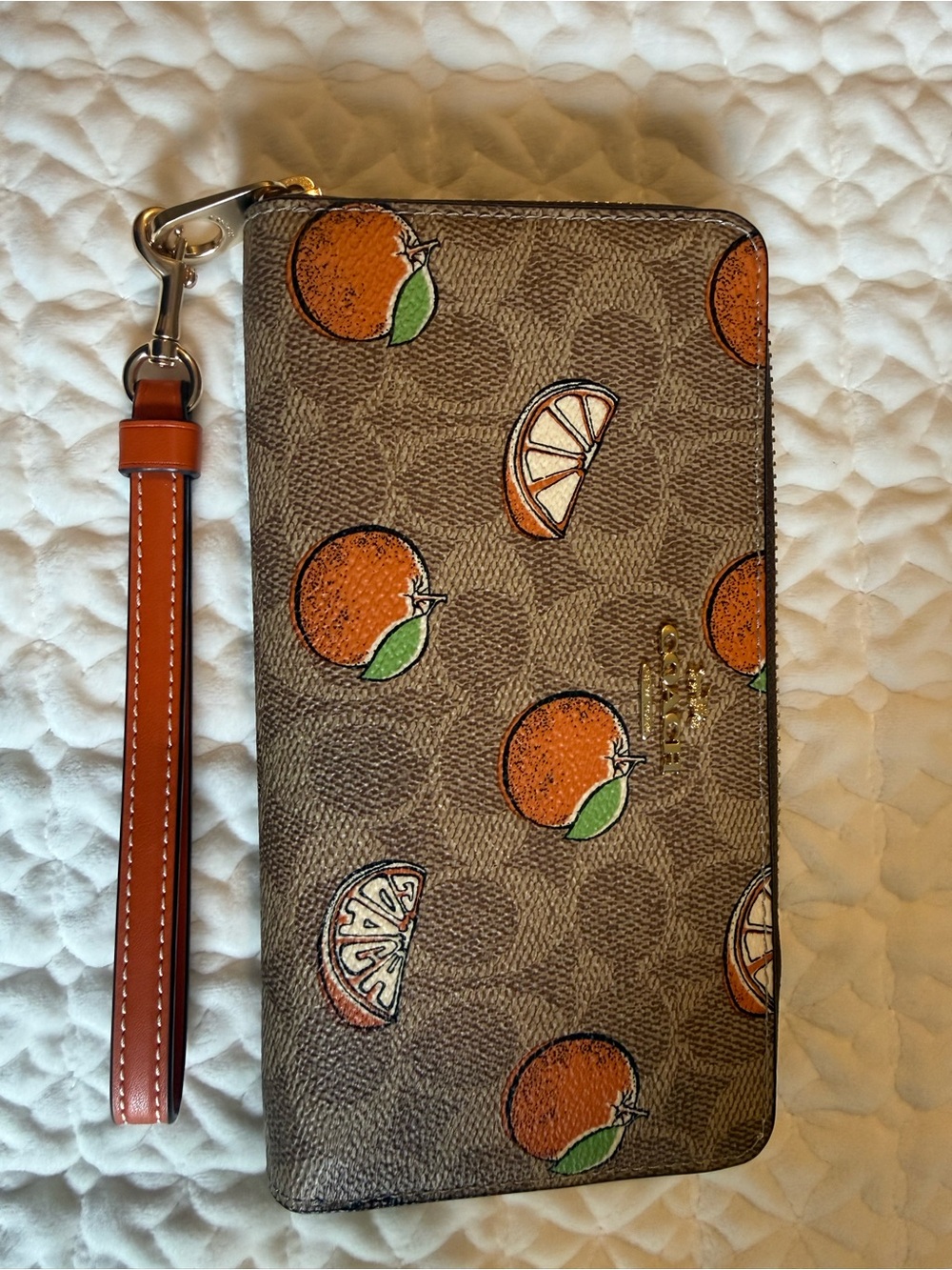 Coach Brown Signature Wallet with Orange Fruit Print